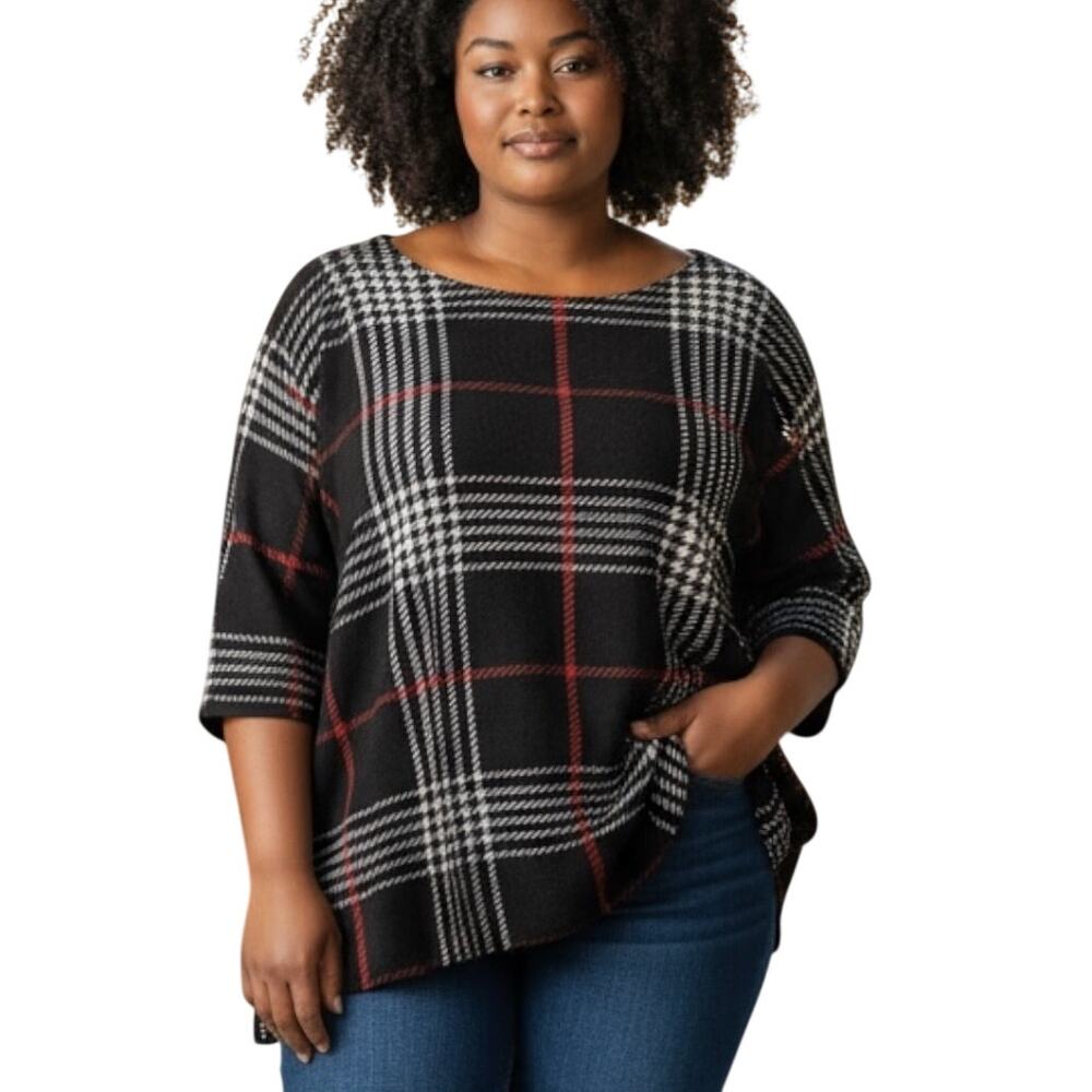 Cocomo Woman Plaid Cut Out Top Womens Size 2X Black Red & Gray Classic Tunic